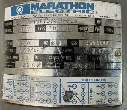 MARATHON ELECTRIC JE 145TTDR7078BD-F1W MOTOR 3PH 1150RPM 1HP 3.6/1.8A 230/460V