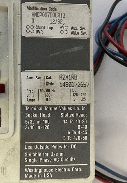 CUTLER HAMMER HMCP007C0C CIRCUIT BREAKER 7A 3POLE 600VAC-250VDC