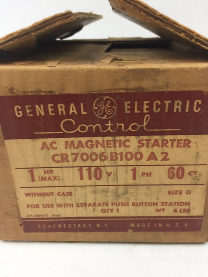 GE CR7006B100A2 AC MAGNETIC STARTER 1HP 110V 1PH 60CY W/O CASE SIZE 0