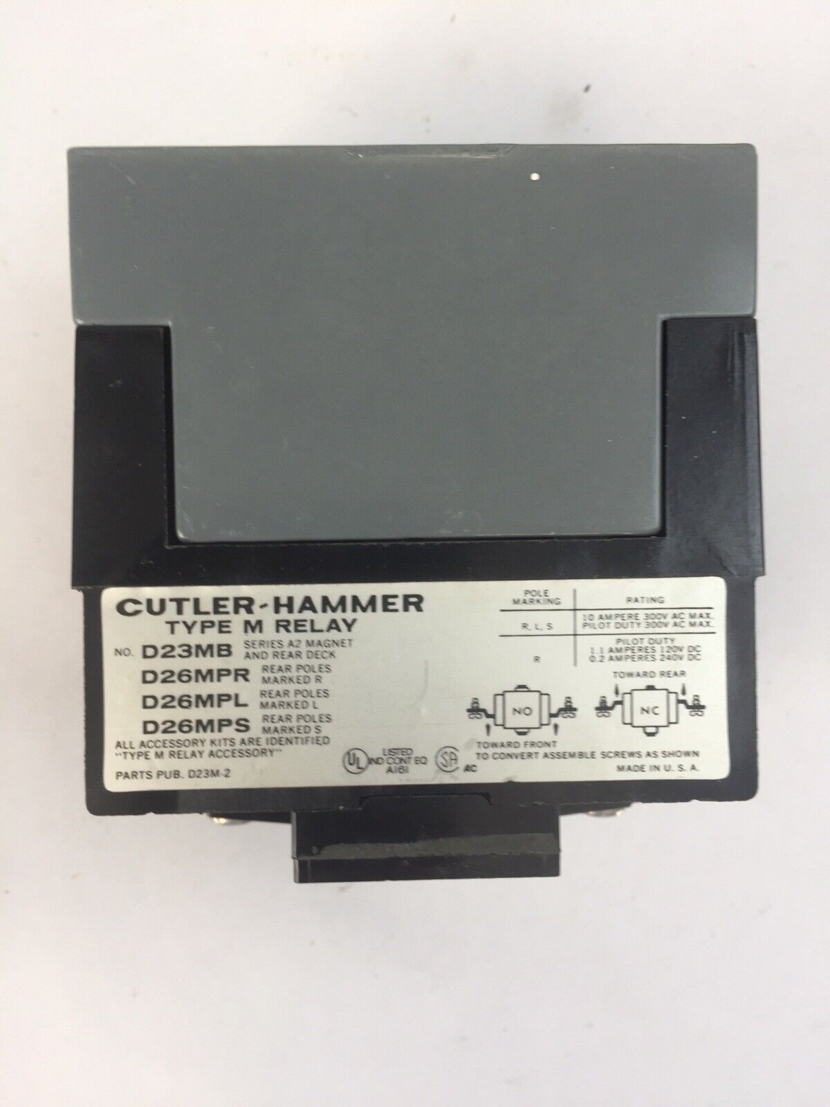 CUTLER HAMMER D23MBA TYPE "M" RELAY 0NO 0NC COIL 120V 60CY 9-1989-1