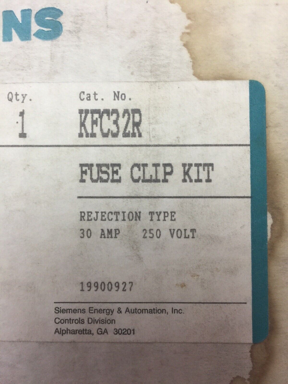 SIEMENS KFC32R FUSE CLIP KIT REJECTION TYPE 30 AMP 250 VOLT