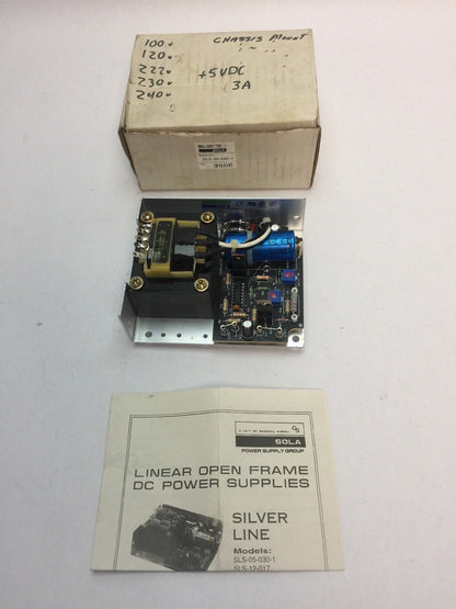 SOLA SLS-05-030-1 LINEAR OPEN FRAM DC POWER SUPPLY INPUT 100/120VAC 220/230/240