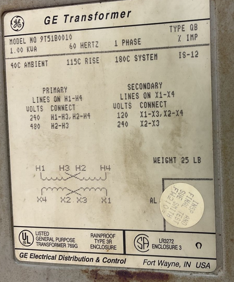 GENERAL ELECTRIC 9T51B0010 TRANSFORMER 1KVA 1PH 480VAC 60HZ OUTDOOR