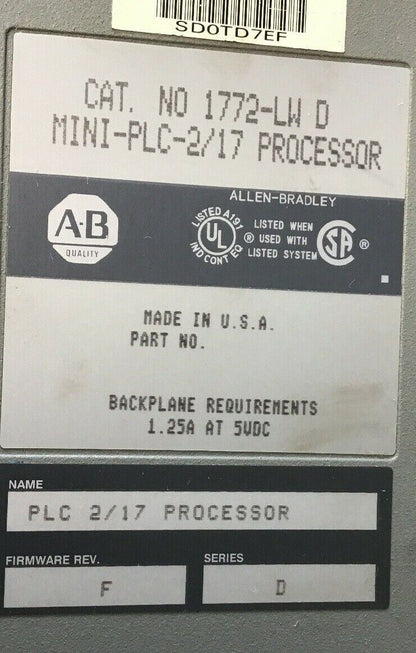 ALLEN BRADLEY 1772-LW D MINI-PLC-2/17 PROCESSOR 1.25A 5VDC SER.D REV.F