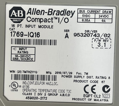 ALLEN BRADLEY 1769-IQ16 COMPACT I/O 16CH INPUT MODULE SER A F/W REV 3.1 DIR/VER