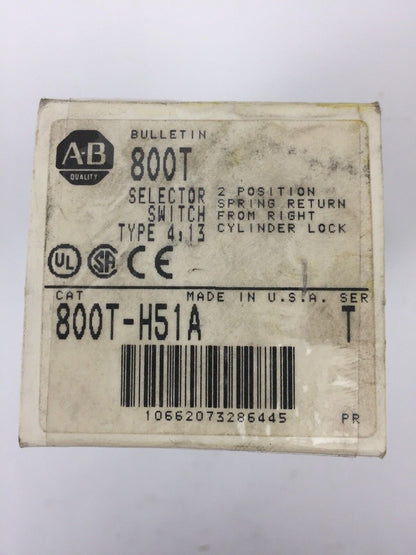 ALLEN BRADLEY 800T-H51A SELECTOR SWITCH SER T KEY 2 POSITION SPRING RETURN