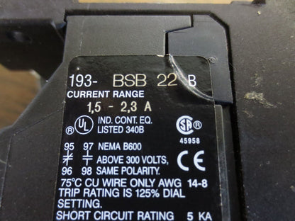 ALLEN-BRADLEY 193-BSB-22 OVERLOAD RELAY - 1.5A - 2.3A