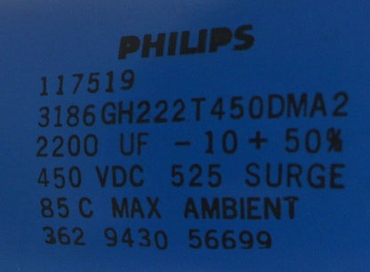 PHILLIPS 117519 CAPACITOR 2200UF -10+50% 450VDC 525 SURGE 85 C MAX AMBIENT