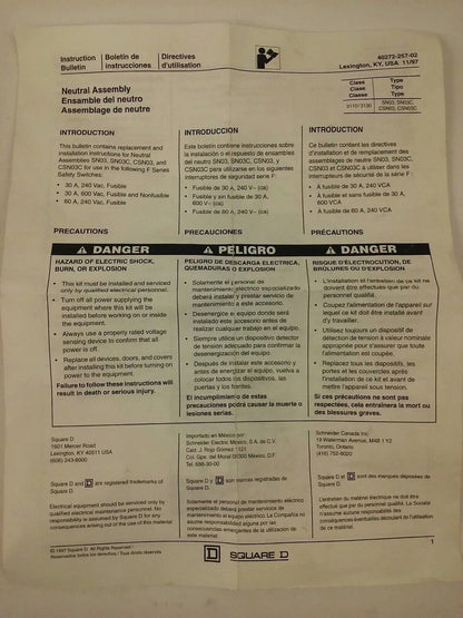 SQUARE DSN03C, SERIES F01, INSULATED GROUNDABLE NEUTRAL KIT,SN0,MISSING 2 SCREWS