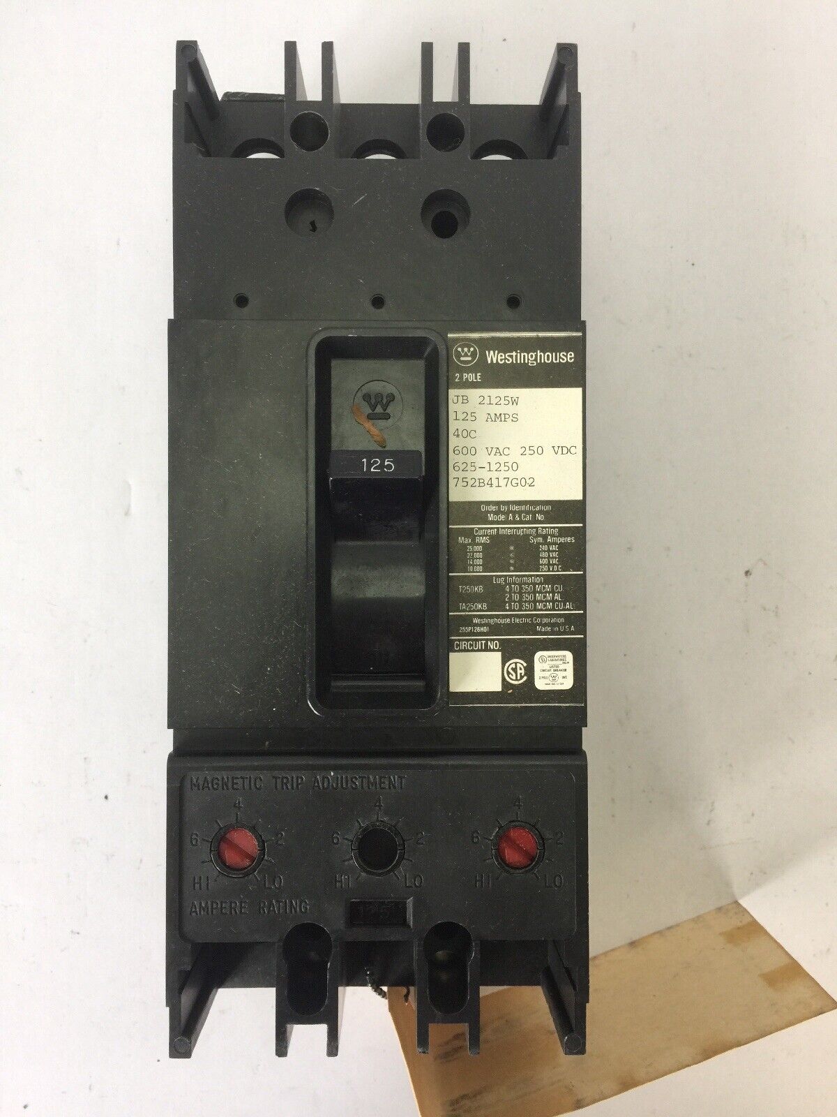 WESTINGHOUSE JB2125W AB DEION CIRCUIT BREAKER 125A 600VAC 250VDC 2 POLE