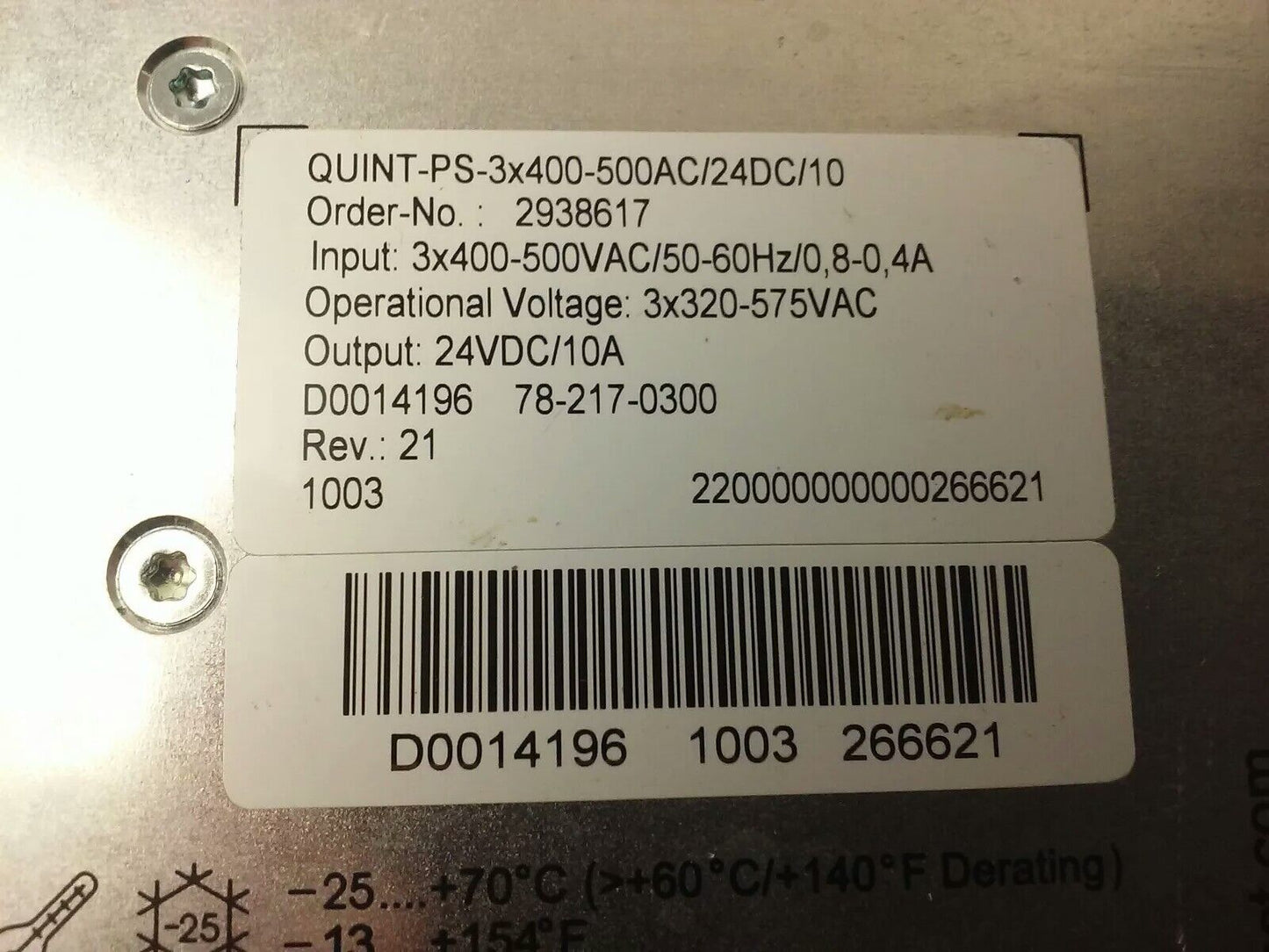 PHOENIX CONTACT POWER SUPPLY,QUINT-PS-3X400-500AC/24VDC/10 , ADJUST 22.5-28.5V