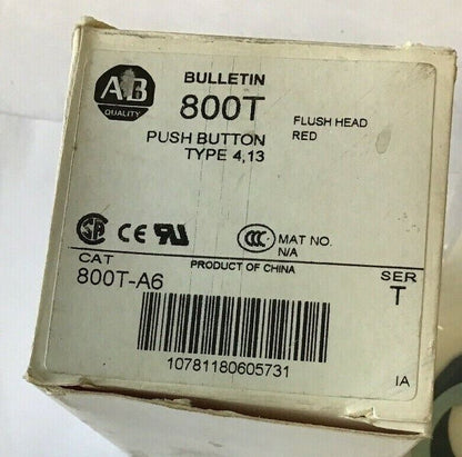 ALLEN BRADLEY 800T-A6 PUSH BUTTON FLUSH HEAD RED SERIES T TYPE4,13