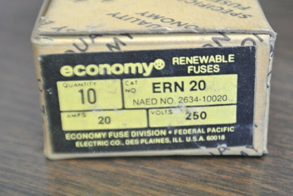 BOX of 10 / ECONOMY ERN20 RENEWABLE FUSE / 20A / 250V / NEW SURPLUS / ERN 20