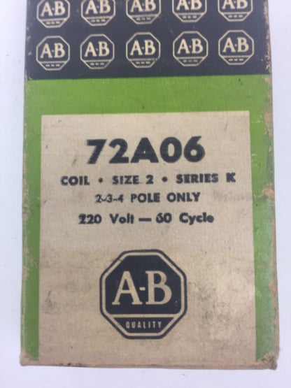 ALLEN BRADLEY 72A06 COIL 220V 60CY SIZE 2 SERIES K 2-3-4 POLE ONLY