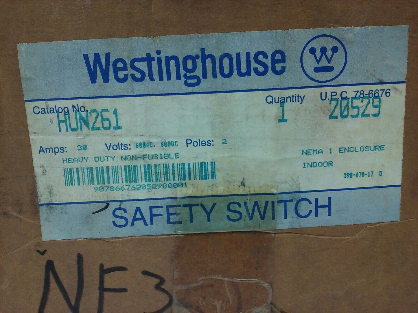 WESTINGHOUSE HEAVY DUTY SAFETY SWITCH HUN261 30A, 600/480VAC/600DC, 2P, INDOOR