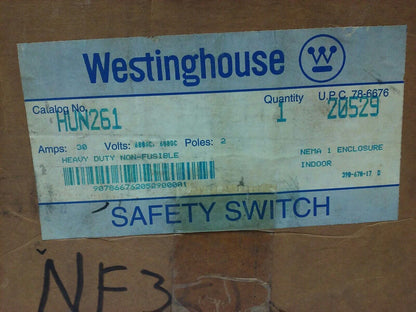WESTINGHOUSE HEAVY DUTY SAFETY SWITCH HUN261 30A, 600/480VAC/600DC, 2P, INDOOR