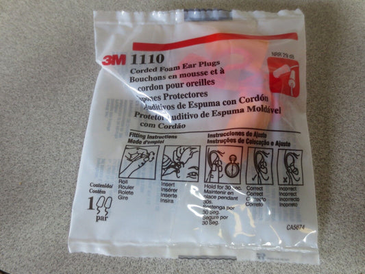 3M 1110 CORDED FOAM EAR PLUGS - NOISE REDUCTION RATING 29 DECIBELS, LOT of 10 Pr