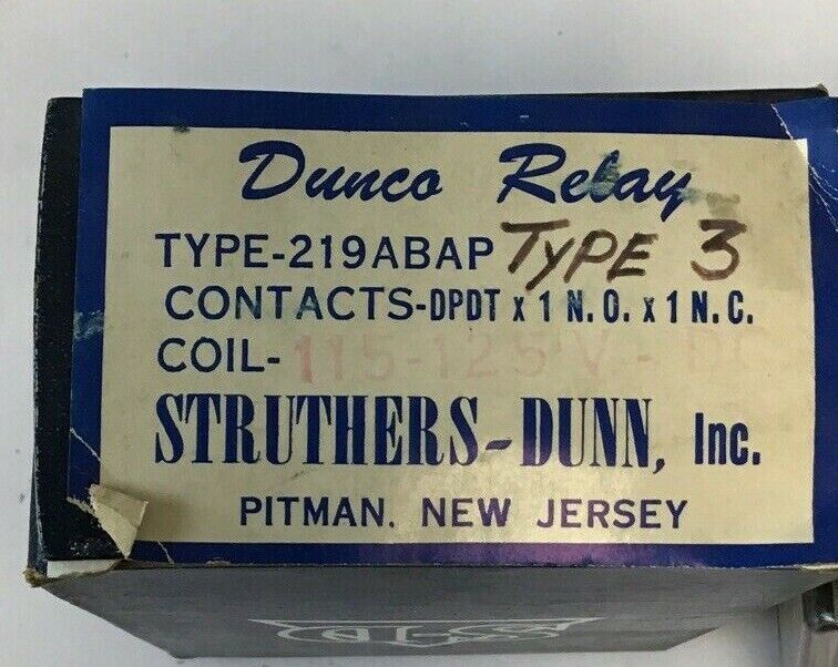 STRUTHERS-DUNN TYPE 219ABAP RELAY  115-125VDC 120VAC 10A