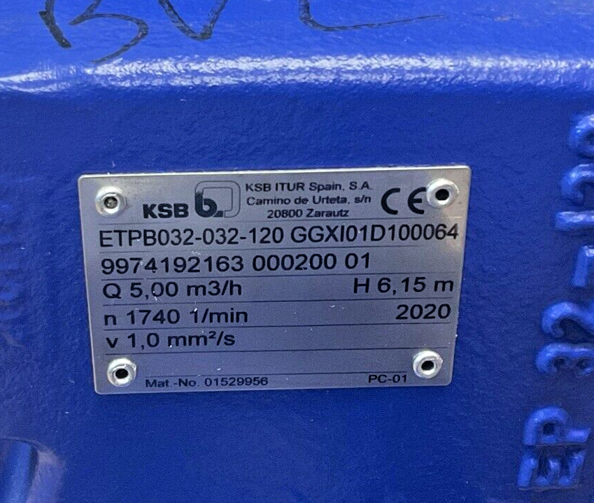KSB ETPB032-032-120 PUMP GGXI01D100064 1740 1/MIN 60HZ
