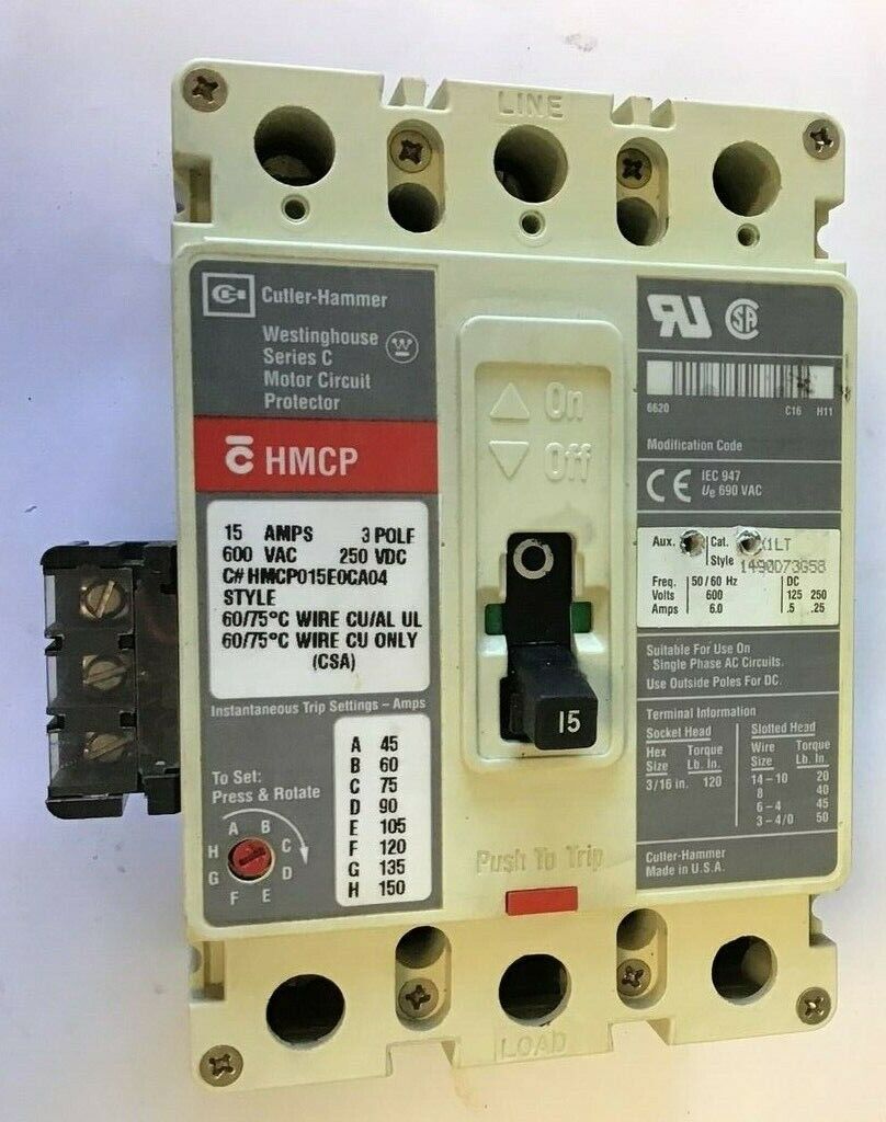 CUTLER HAMMER HMCP015E0CA04 CIRCUIT BREAKER 15A 600VAC 3P 250VDC