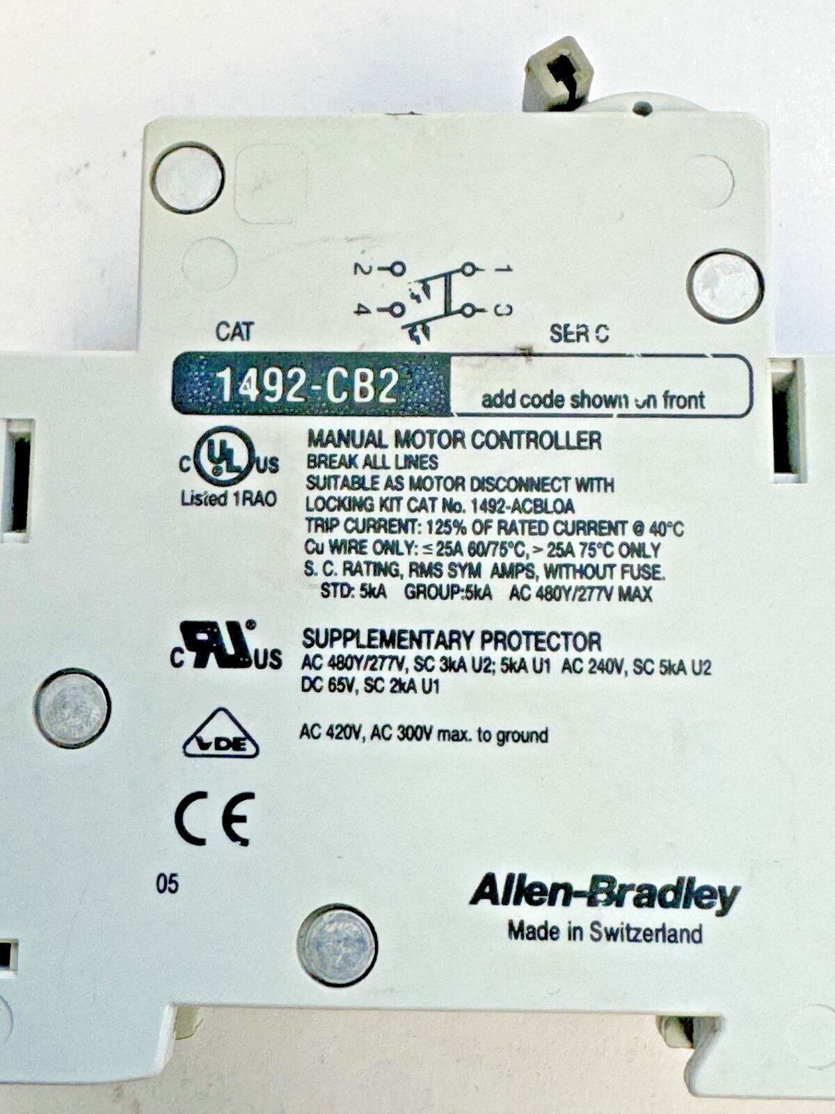 ALLEN-BRADLEY - 1492-CB2-G020 SER. C - MOTOR CONT. - 2P, 2 A, 277 V, 1PH