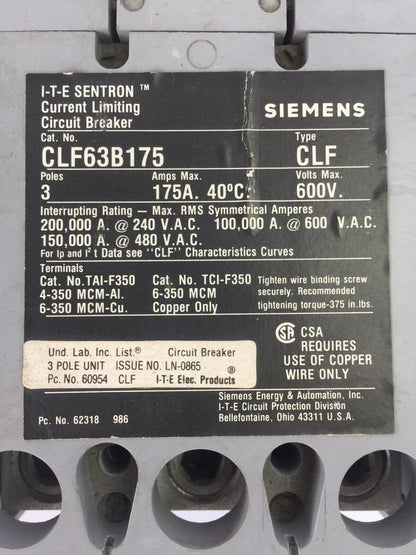 SIEMENS CLF63B175 CIRCUIT BREAKER 600VAC 175AMP 3POLE TRIP 225A