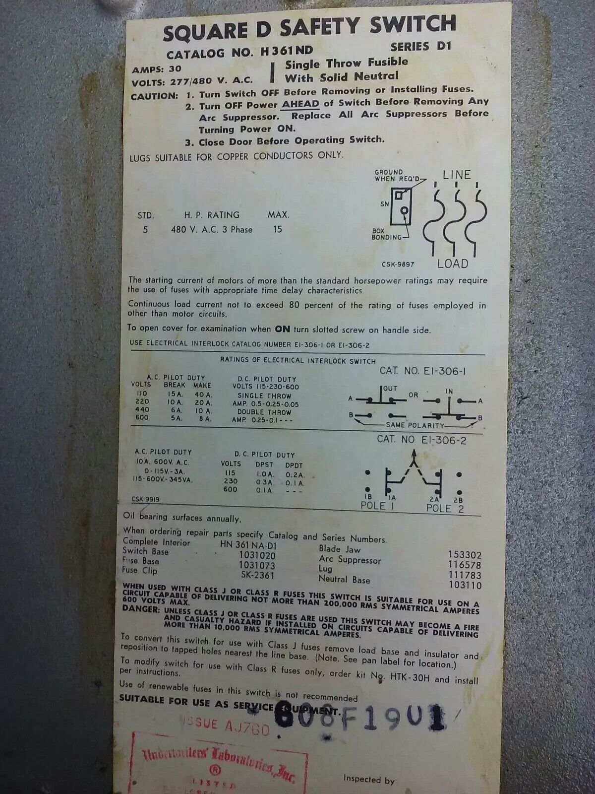 SQ D. H361ND SER. D1, SAFETY SWITCH, 30A, 277/480VAC, FUSIBLE, NEMA 4&5, NEW