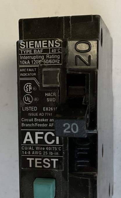 SIEMENS Q120AF CIRCUIT BREAKER 20A 10KA 120VAC 50/60HZ
