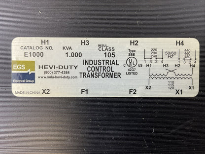 EGS HEVI-DUTY E1000 1.000KVA CLASS 105 INDUSTRIAL CONTROL TRANSFORMER