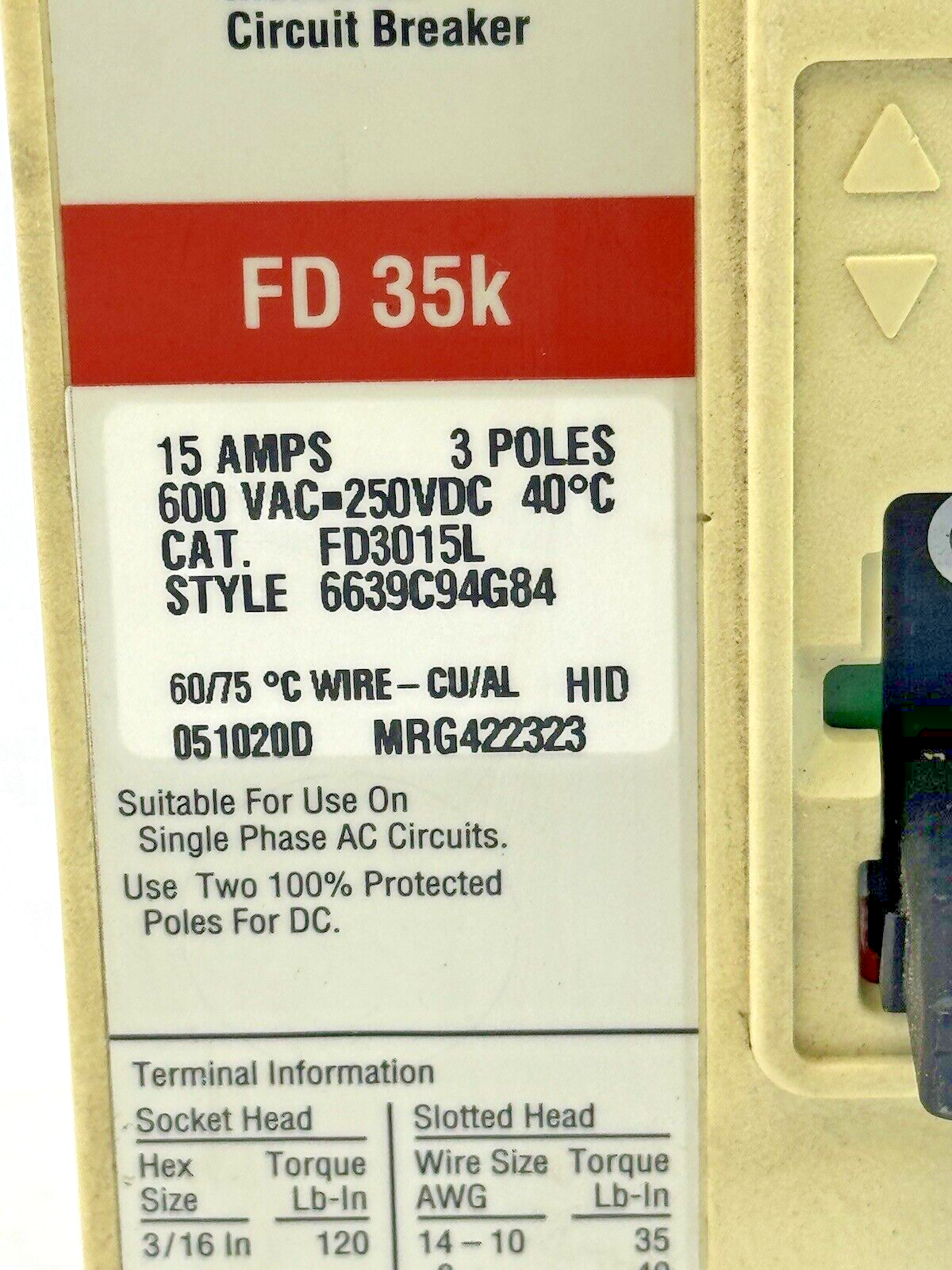 EATON / CUTLER-HAMMMER - FD3015L - CIRCUIT BREAKER - 3 POLE/ 15 A/ 600 VAC