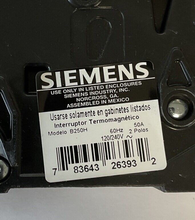 SIEMENS B250H CIRCUIT BREAKER  50AMP 120/240VAC 2POLE 60HZ