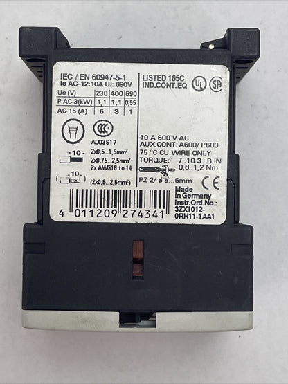 SIEMENS SIRIUS 3RH1140-1BB40 CONTACTOR 600VAC 10A COIL 24VDC