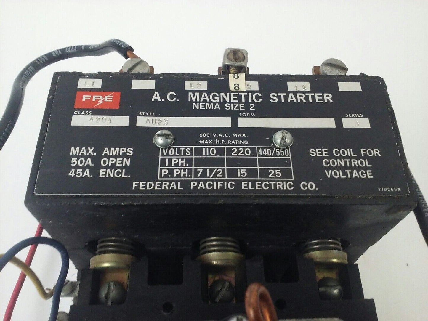 FPE AU23 4204 SER. B AC MAGNETIC STARTER 3P SIZE 2, 600V, 50A OPEN, 45A ENCL.