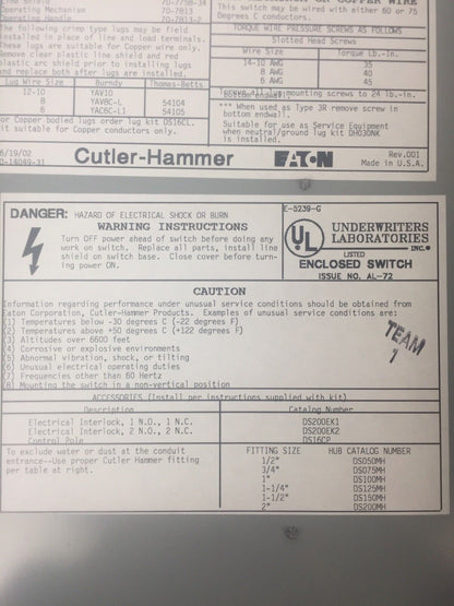 CUTLER HAMMER DH361UDK SER C SAFETY SWITCH 600VAC 250VDC 30A 3P 30HP TYPE 12(3R)