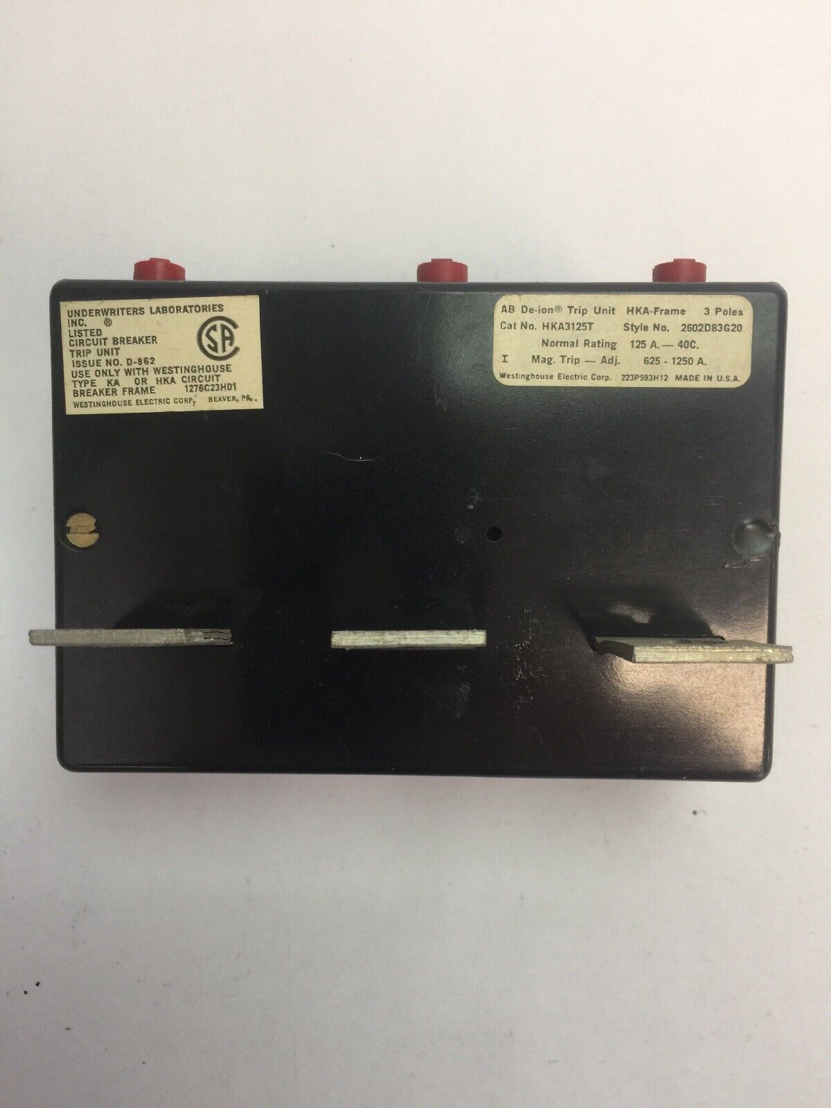 WESTINGHOUSE HKA3125T 125A TRIP UNIT 3POLE MAG TRIP-ADJ 625-1250A