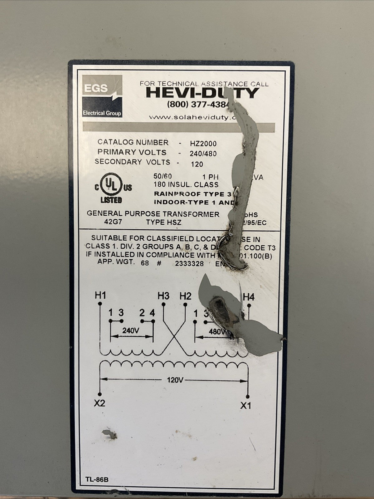 EGS HZ2000 HEVI-DUTY TRANSFORMER PRI VOLTS 240/480 SEC VOLTS 120 1PH 2.0KVA