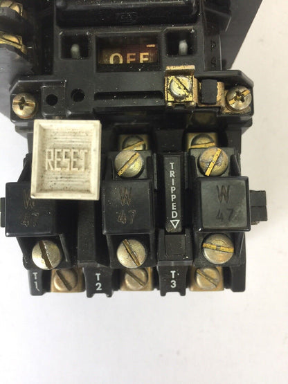 ALLEN BRADLEY 509-B0D SIZE 1 STARTER 600VAC 27AMP 10HP W47 HEATERS 120V COIL