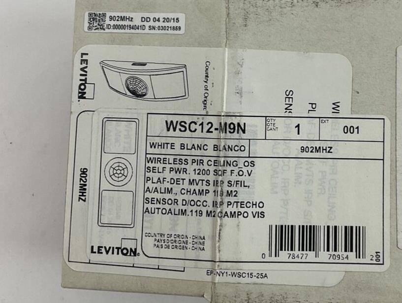 LEVITON WSC12-M9N SELF POWERED CEILING MOTION SENSOR WHITE 902MHZ