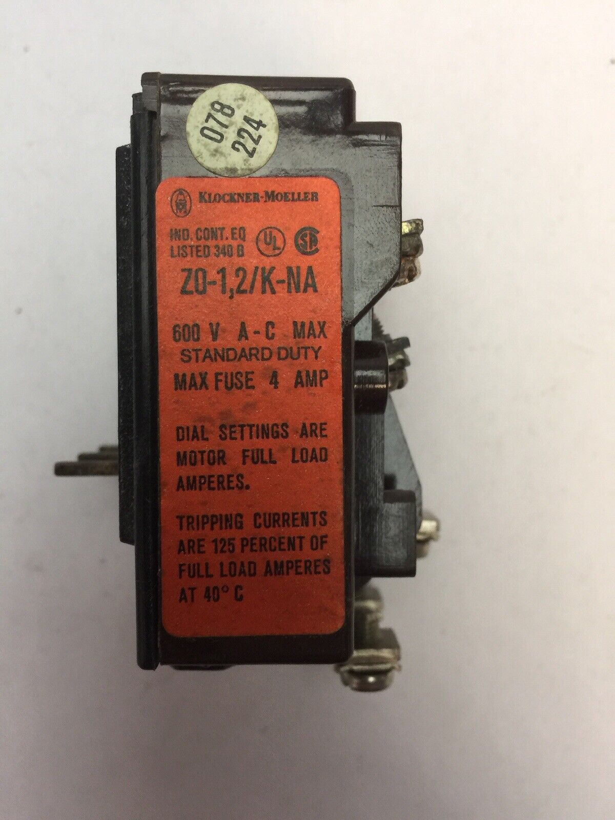 KLOCKNER MOELLER Z0-1,2/K-NA BIMETAL RELAY 0.6-1.2A
