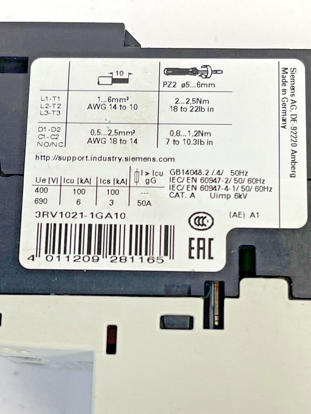 SIEMENS - 3RV1021-1GA10- CIRCUIT BREAKER / MOTOR PROTECTOR