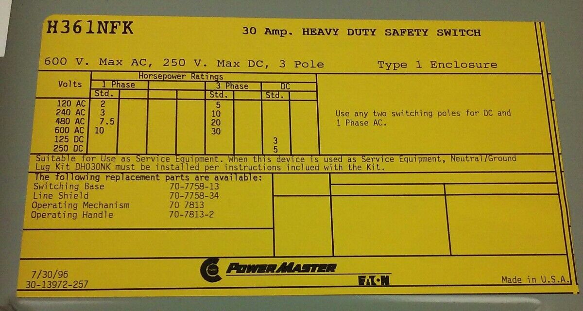 POWERMASTER EATON H361NFK HEAVYDUTY SAFETY SWITCH,30A,600V, 3P, NON FUSIBLE