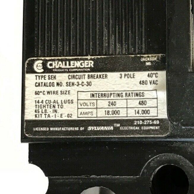 SYLVANIA/ CHALLENGER SEH-3-C-30 CIRCUIT BREAKER 3P 30A 480VAC