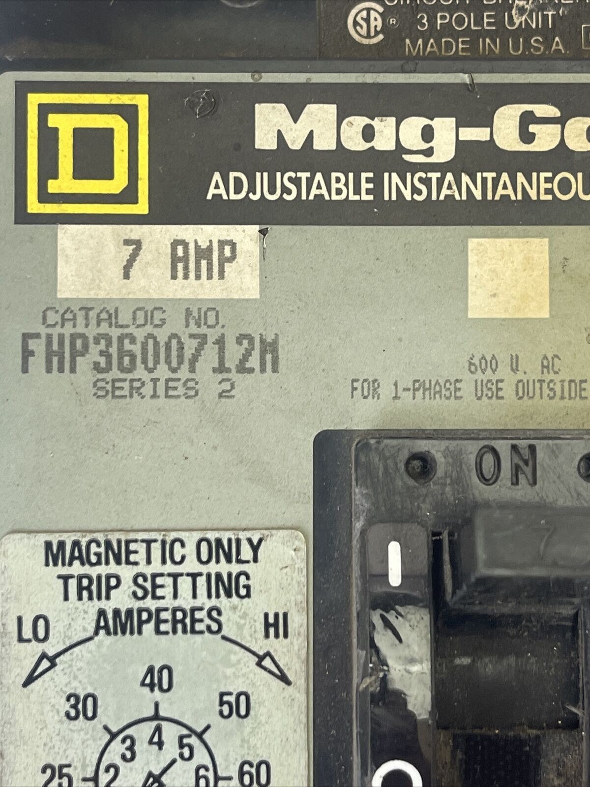 SQUARE D FHP3600712M MAG-GARD CIRCUIT BREAKER SER 2 600VAC 7AMP 3POLE ADJUSTABLE