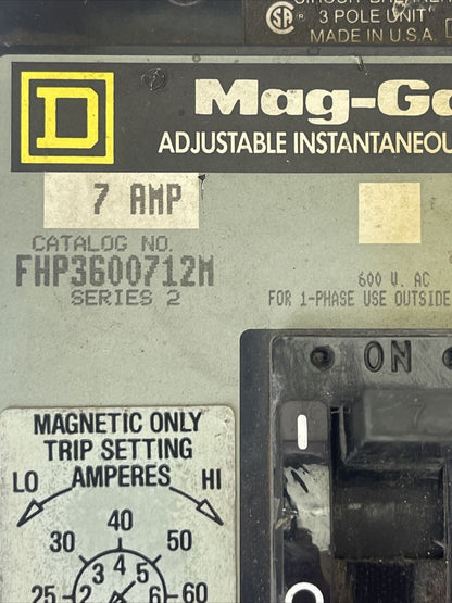 SQUARE D FHP3600712M MAG-GARD CIRCUIT BREAKER SER 2 600VAC 7AMP 3POLE ADJUSTABLE