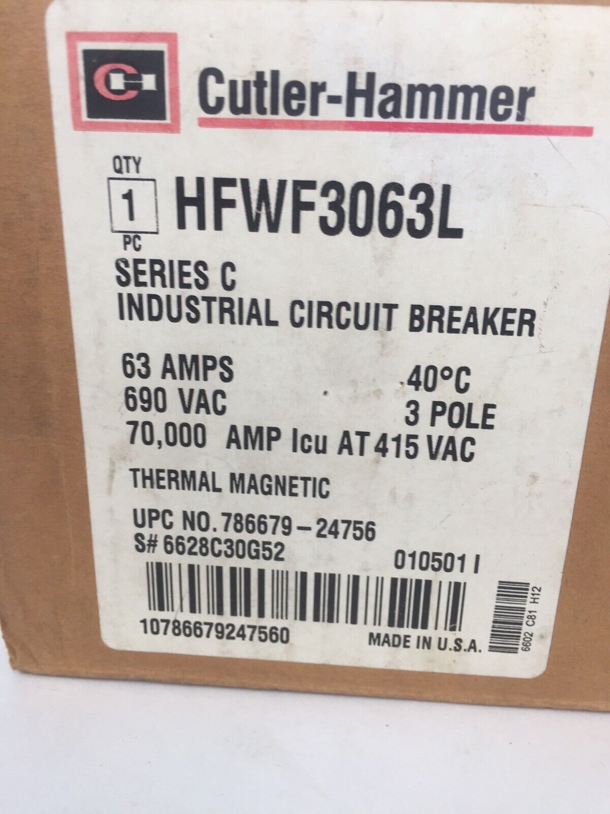 CUTLER HAMMER HFWF3063L INDUSTRIAL CIRCUIT BREAKER 63AMP 690VAC 3POLE