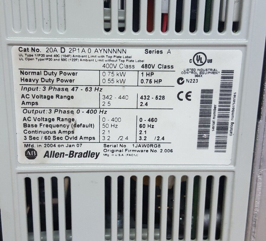 ALLEN BRADLEY  POWERFLEX  MOTOR DRIVE 20AD2P1A0AYNNNNN SERIES A, 400/480V, USED