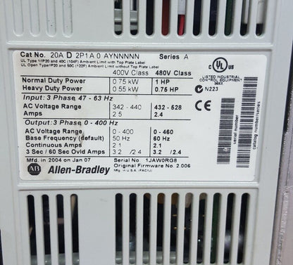 ALLEN BRADLEY  POWERFLEX  MOTOR DRIVE 20AD2P1A0AYNNNNN SERIES A, 400/480V, USED