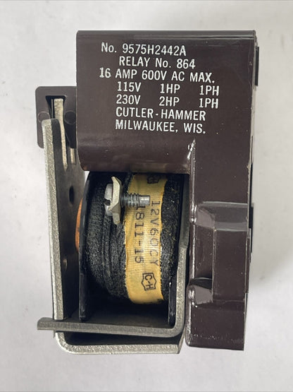 CUTLER HAMMER 9575H2442A RELAY NO 864 16A 600VAC 115V 1HP 230V 2HP COIL 12V 60CY