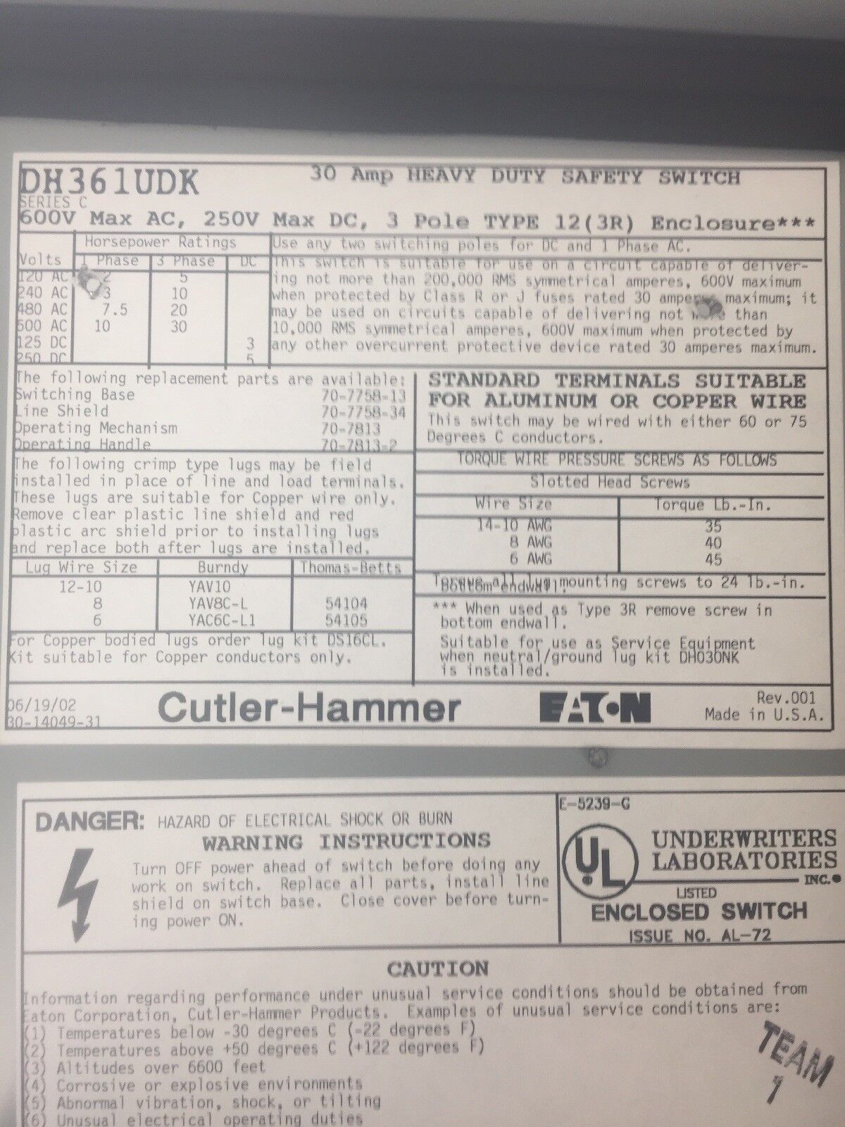 CUTLER HAMMER DH361UDK SER C SAFETY SWITCH 600VAC 250VDC 30A 3P 30HP TYPE 12(3R)