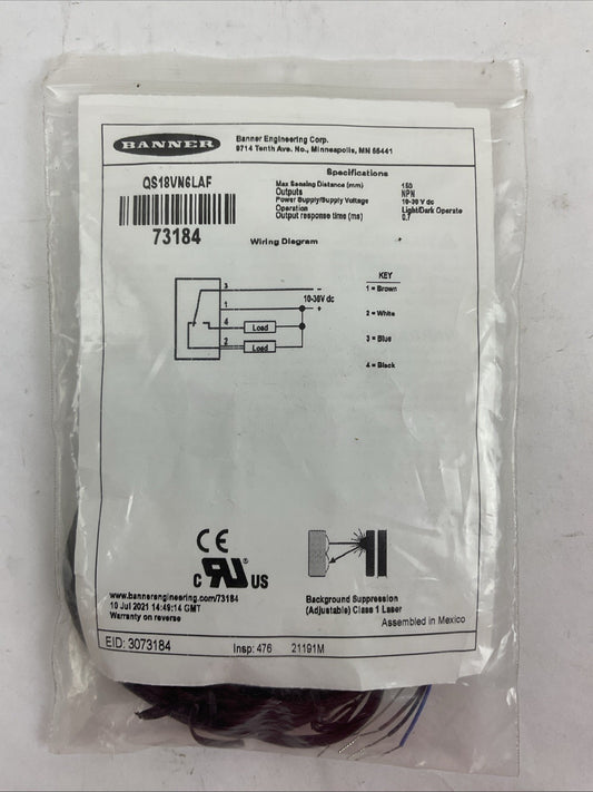 BANNER QS18VN6LAF PHOTOELECTRIC SENSOR 10-30VDC